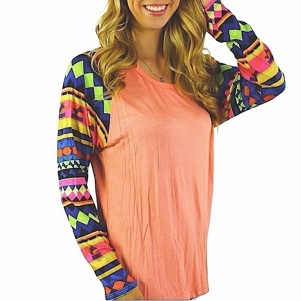 MISS 2 DAY Neon Round Neck Top in Coral with Multi-Color Printed Sleeves